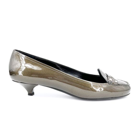 Prada Vernice Taffeta Peltro Green Patent Leather Kitten Heels 39.5 NEW in Box - Picture 2 of 13